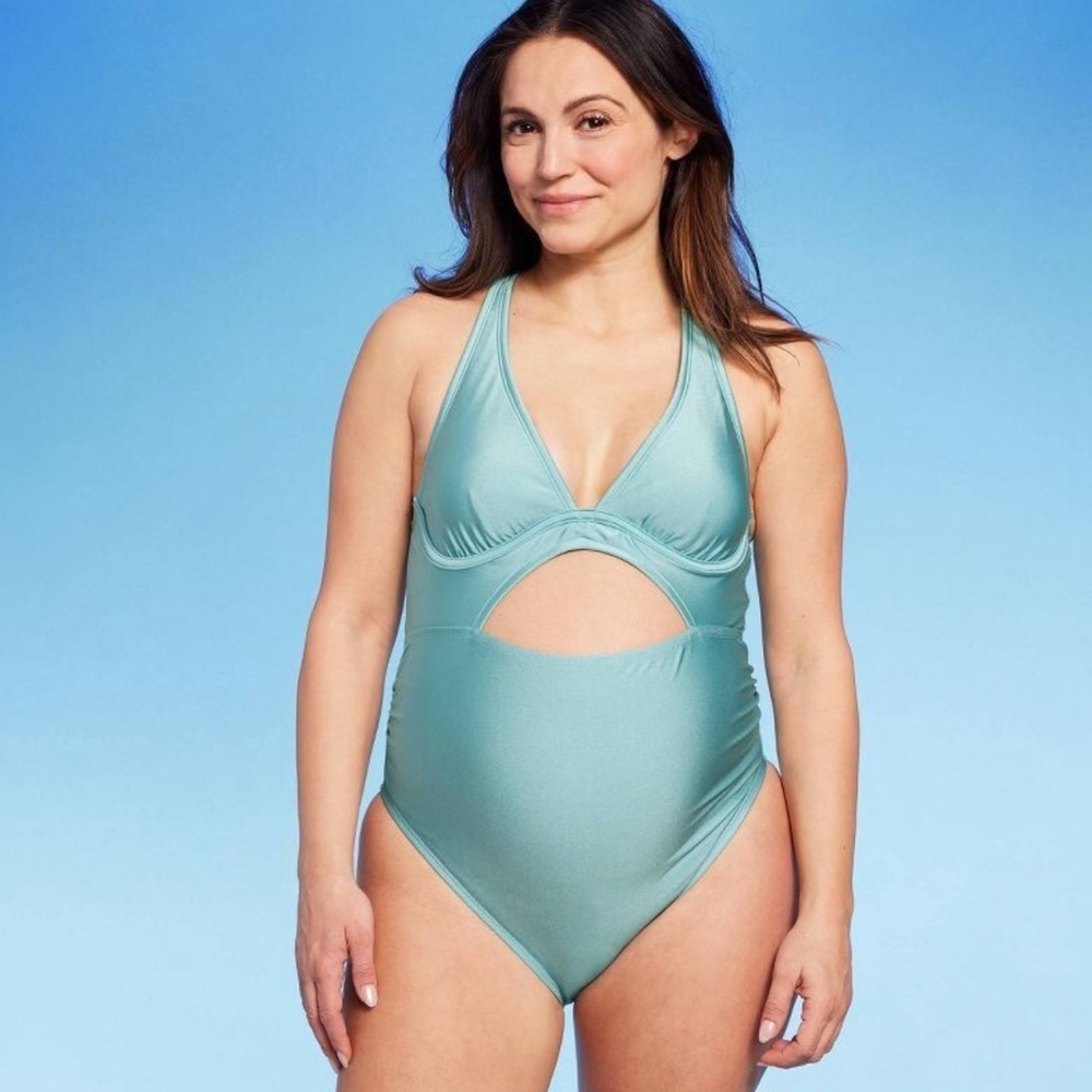 Isabel Maternity Ingrid & One Piece Swimsuit Swimwear Blue Shiny Cutout Size XL
